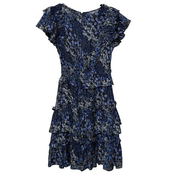 Rebecca Taylor Blue Black Floral Ruffle Silk Ava Mini Dress Size 0 - Picture 4 of 6